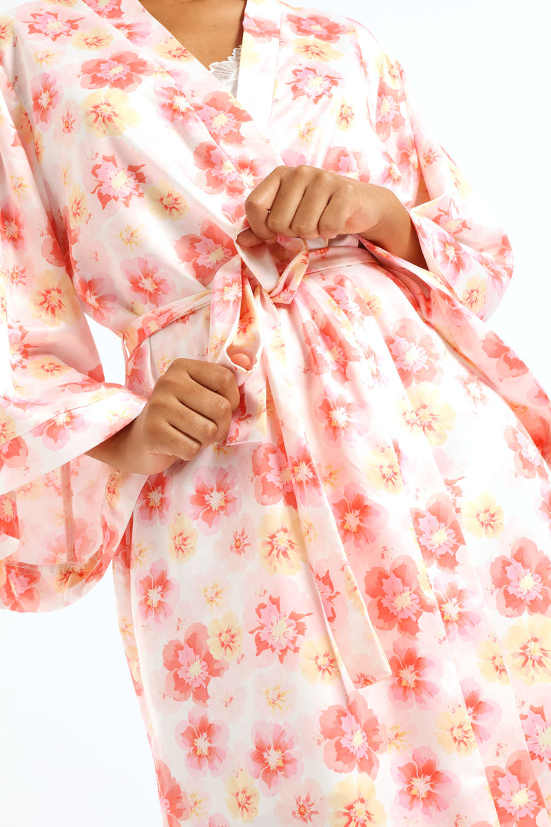 Satin Floral 3/4 Gown - White