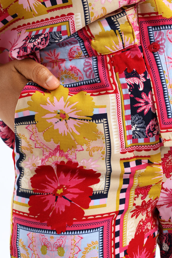 Zip Front Print Straight Leg Pants - Multi