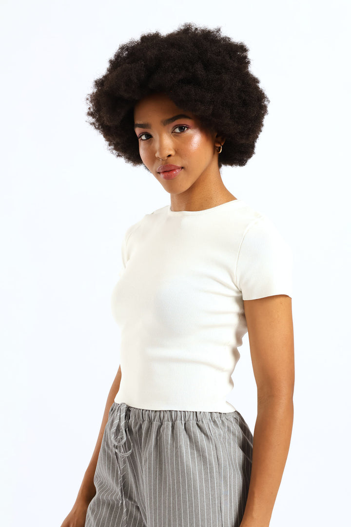 Short Sleeve Cropped Sweater Top - White