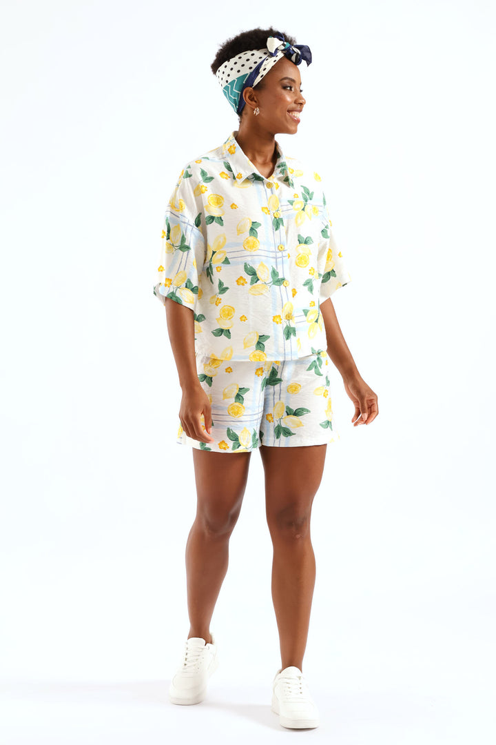 Belted Elasticated Mid Thigh Shorts - White/Light Blue