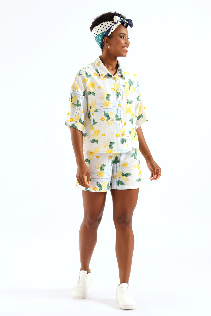 Belted Elasticated Mid Thigh Shorts - White/Light Blue