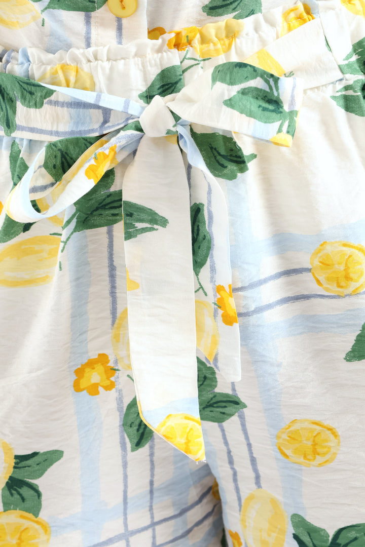 Belted Elasticated Mid Thigh Shorts - White/Light Blue