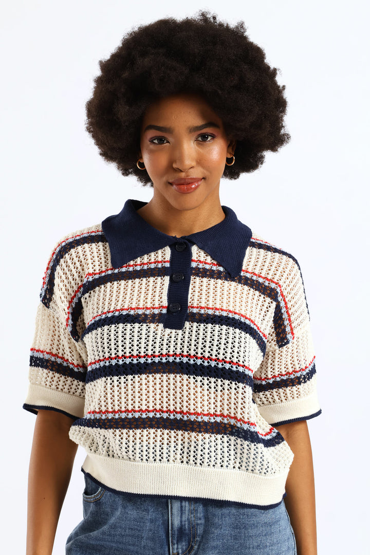 Stripe Knitted Polo Shirt - Cream