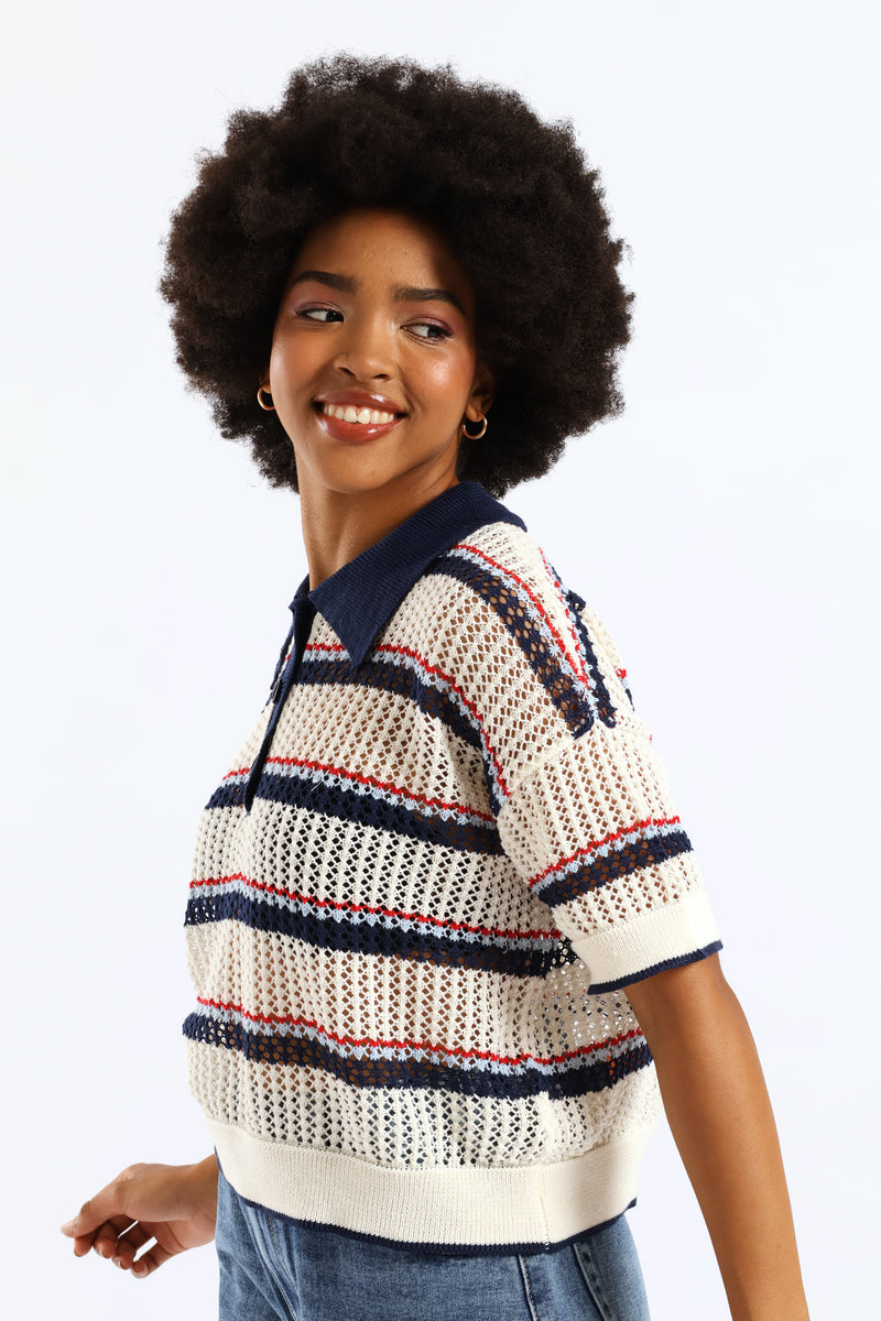 Stripe Knitted Polo Shirt - Cream