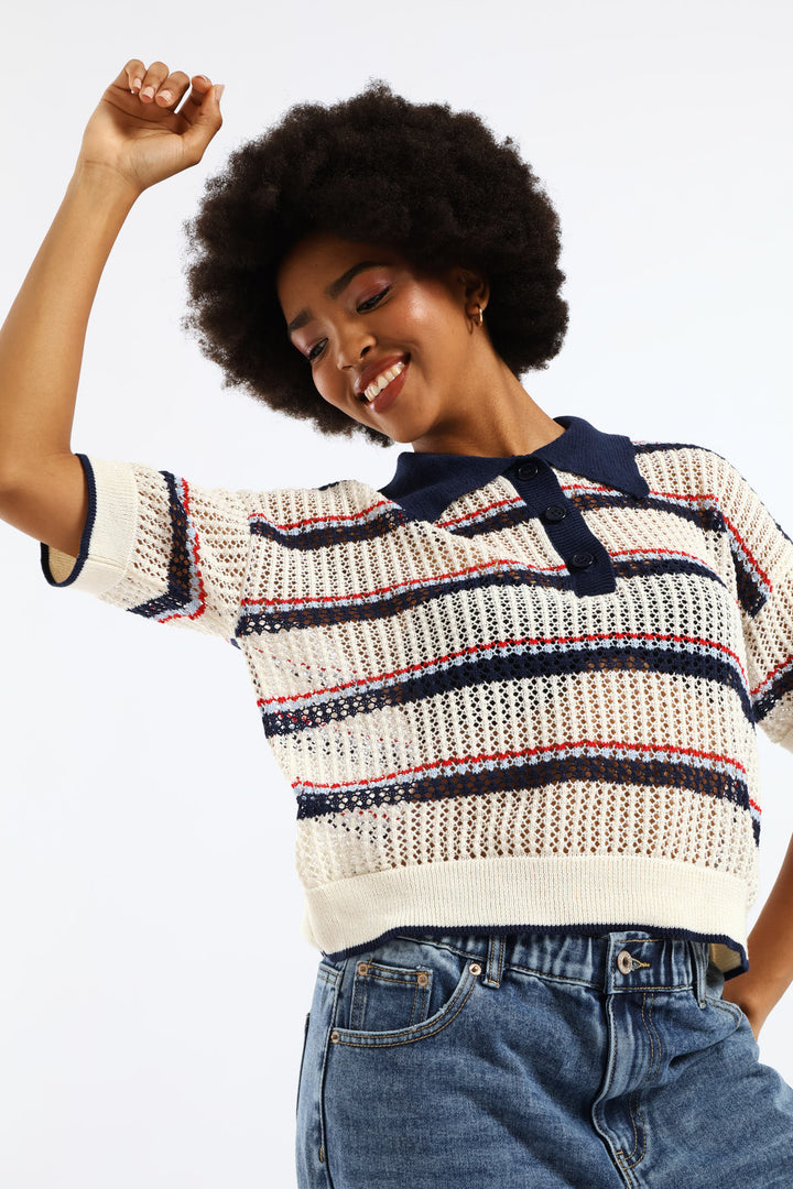 Stripe Knitted Polo Shirt - Cream