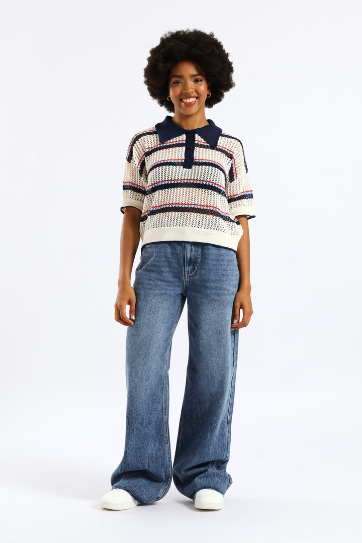 Elastic Waist Wide Leg Raw Hem Denim - Salty Mid Wash