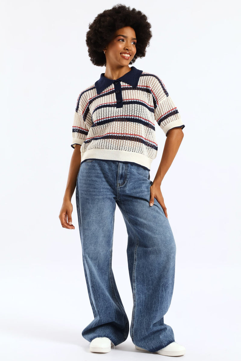 Elastic Waist Wide Leg Raw Hem Denim - Salty Mid Wash