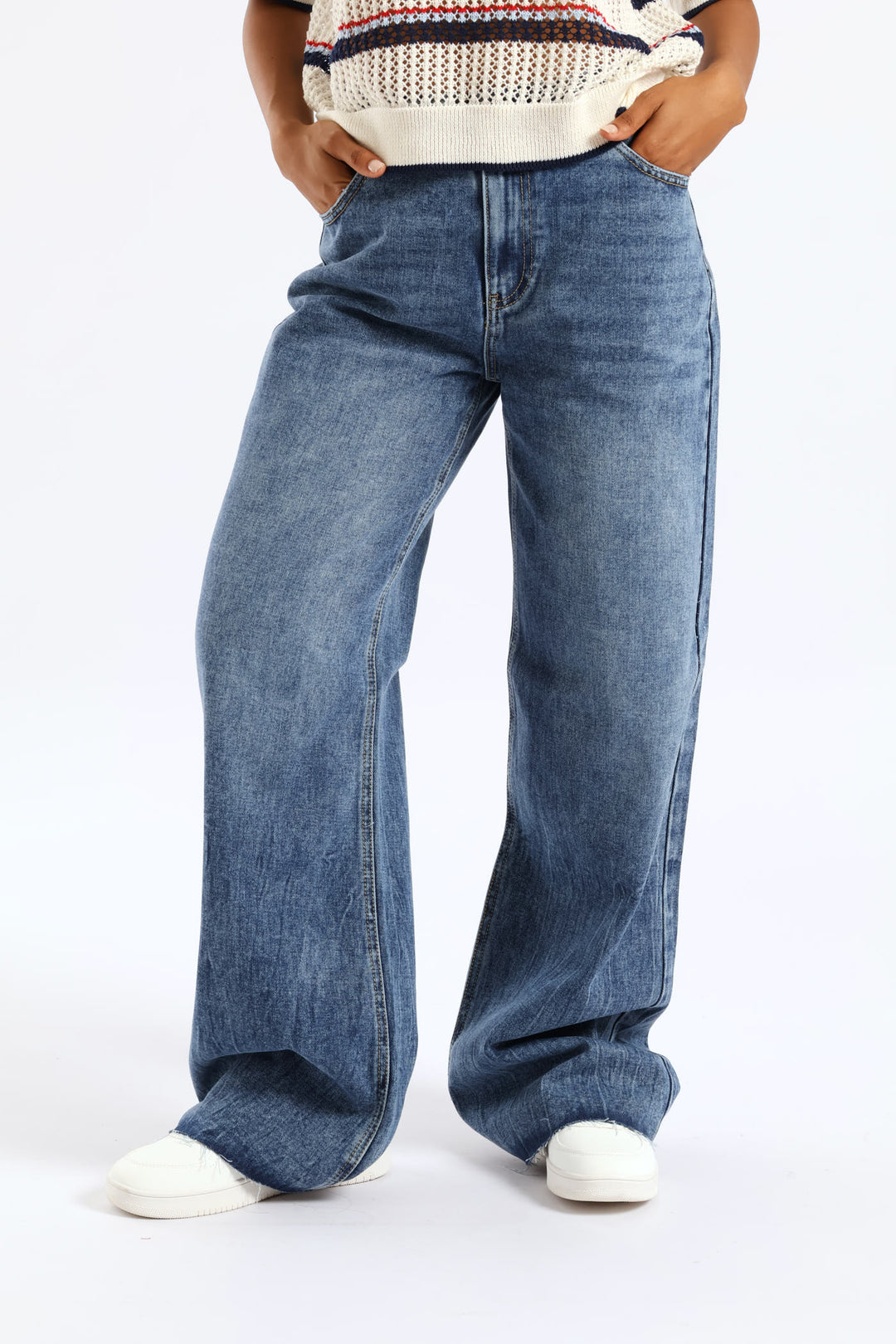 Elastic Waist Wide Leg Raw Hem Denim - Salty Mid Wash