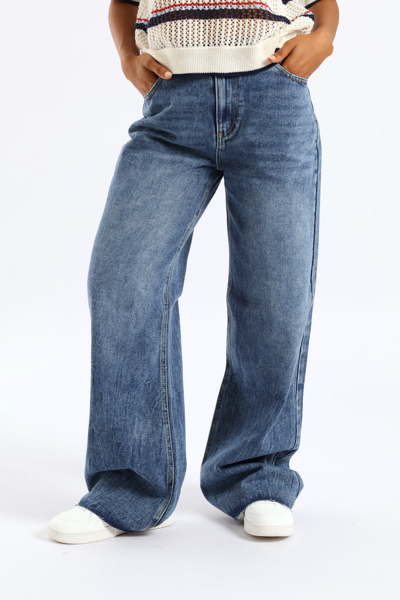 Elastic Waist Wide Leg Raw Hem Denim - Salty Mid Wash