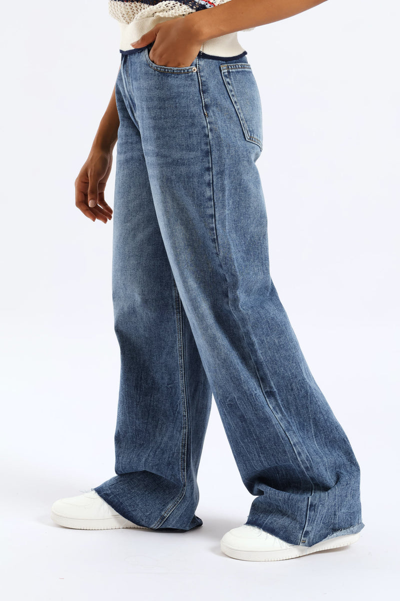 Elastic Waist Wide Leg Raw Hem Denim - Salty Mid Wash