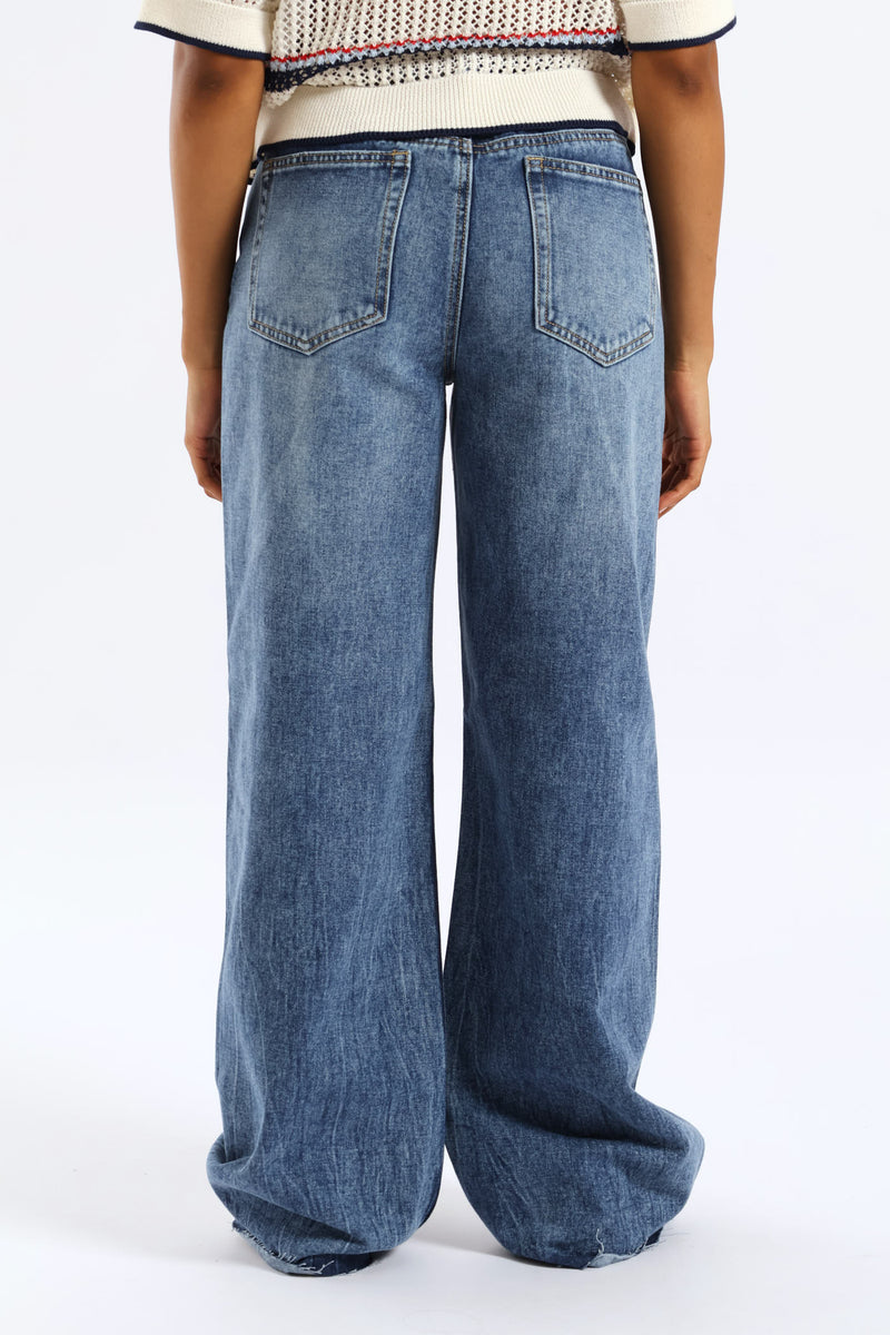 Elastic Waist Wide Leg Raw Hem Denim - Salty Mid Wash