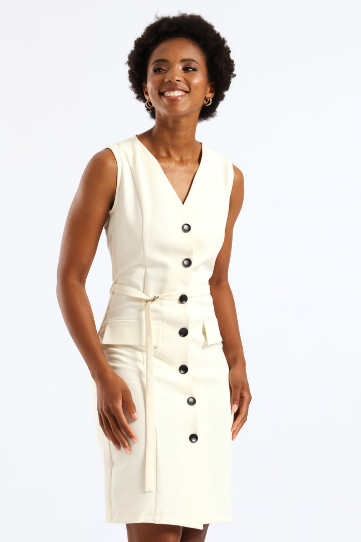 Belted V-Neck Work Shift Dress - Cream