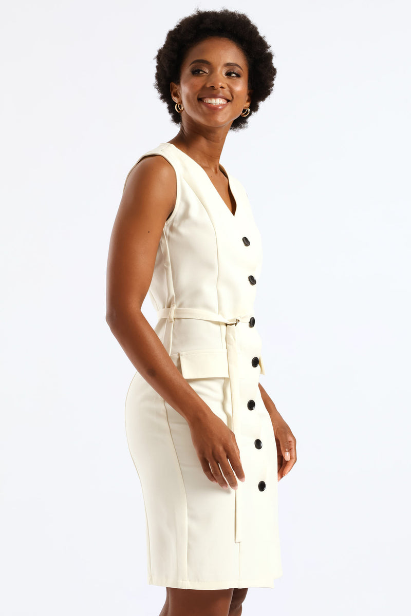Belted V-Neck Work Shift Dress - Cream