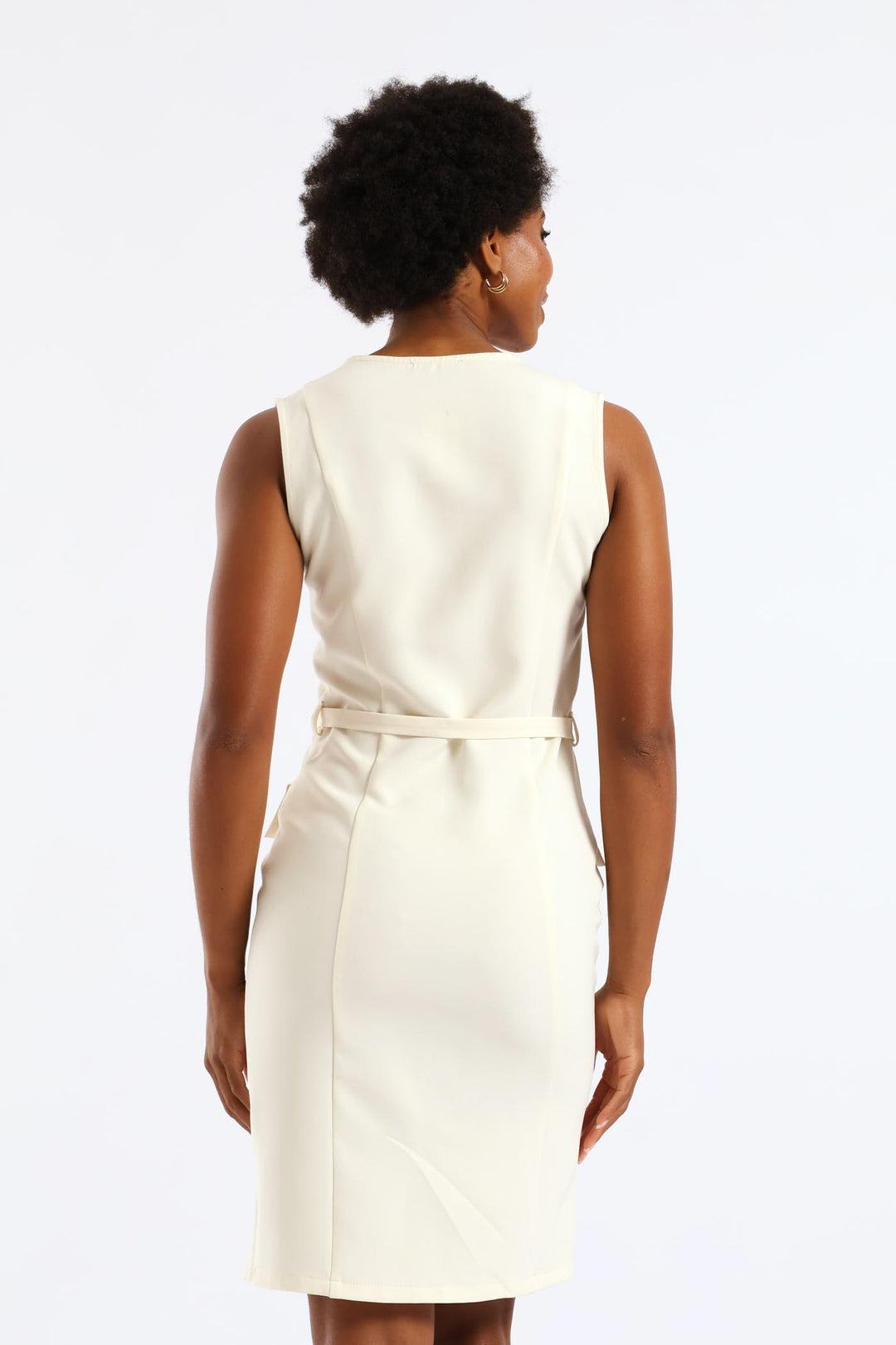 Belted V-Neck Work Shift Dress - Cream