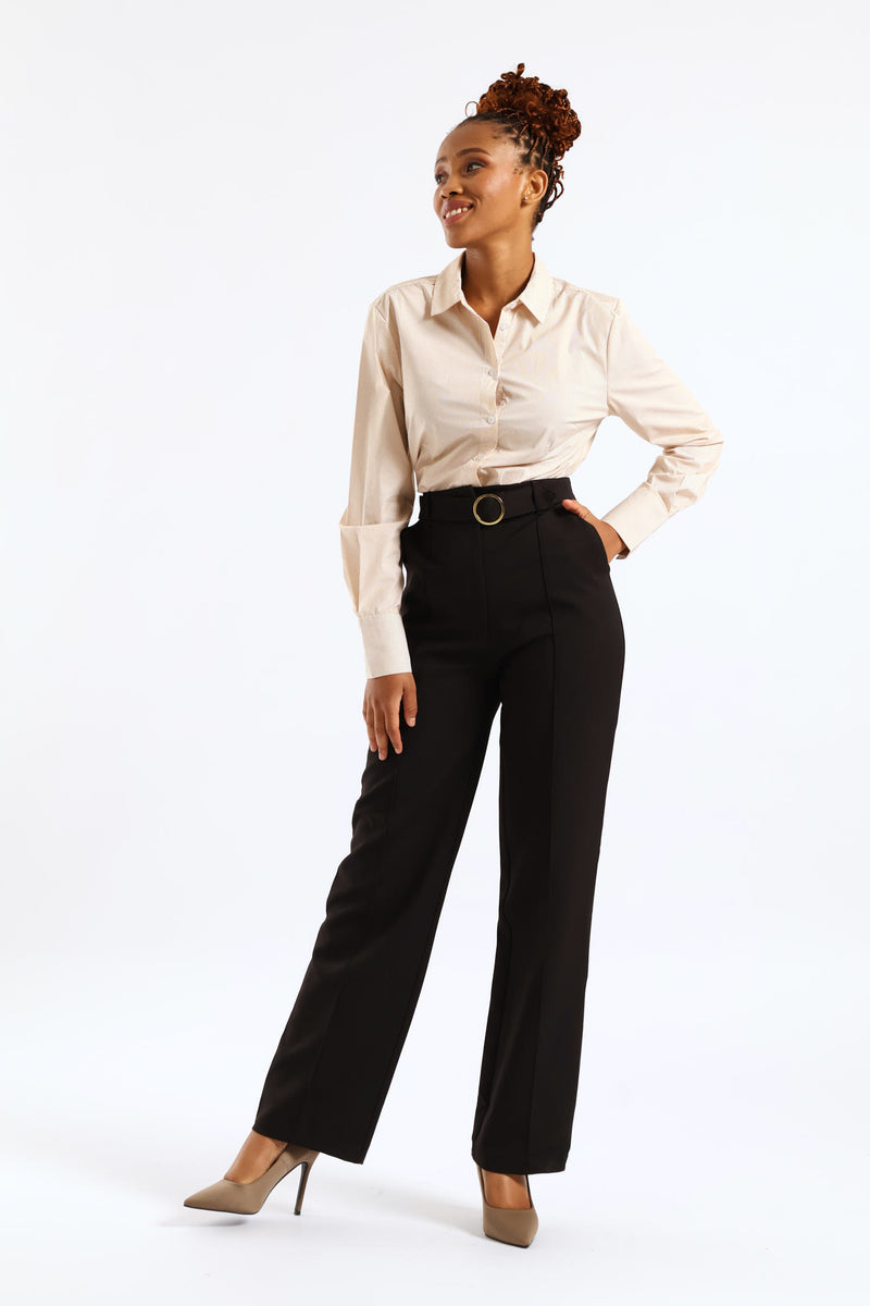 Belted Buckle Pin Tuck Straight Leg Pant - Black