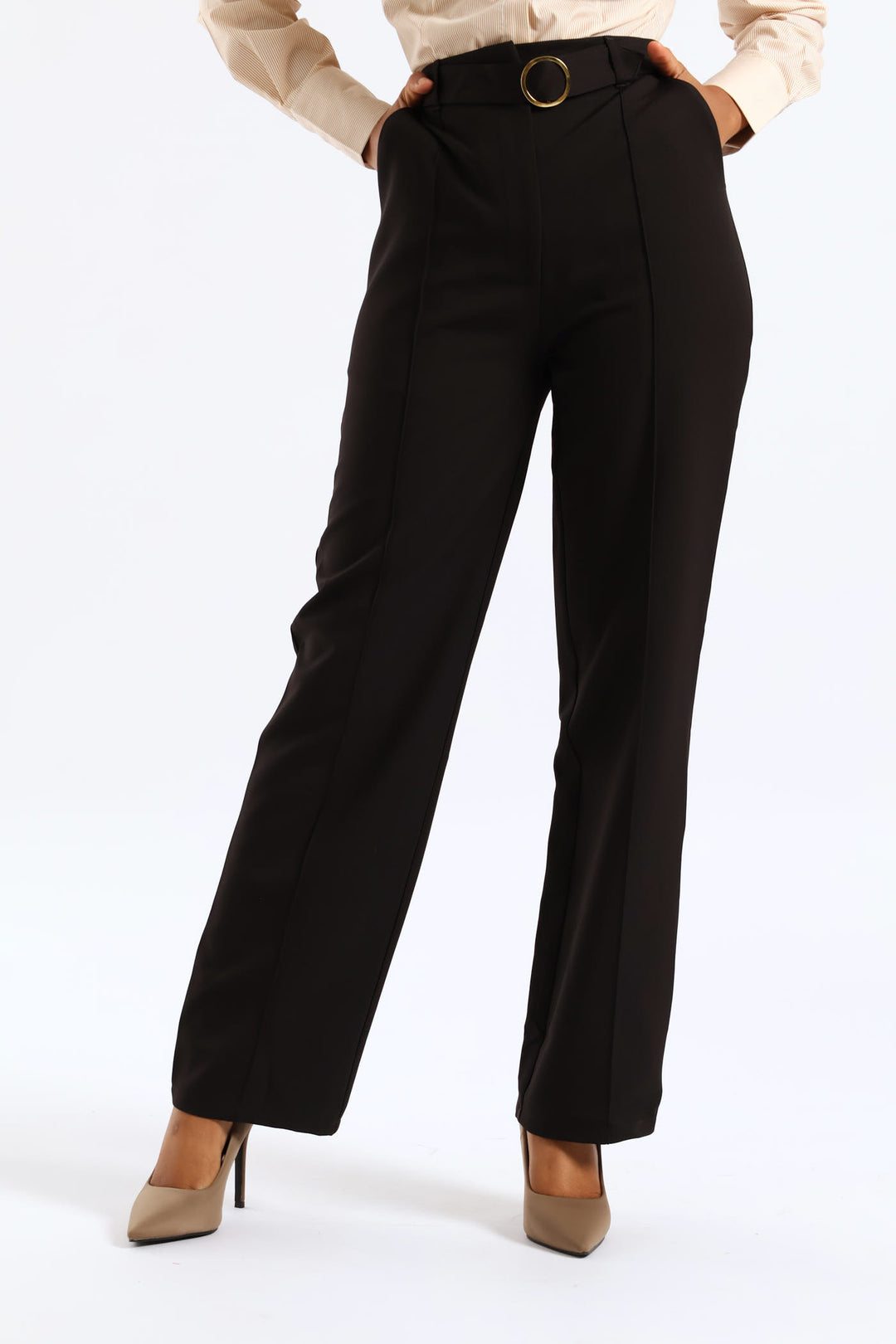 Belted Buckle Pin Tuck Straight Leg Pant - Black