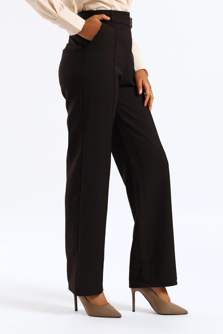 Belted Buckle Pin Tuck Straight Leg Pant - Black