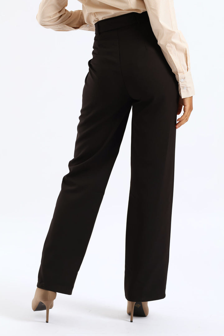 Belted Buckle Pin Tuck Straight Leg Pant - Black