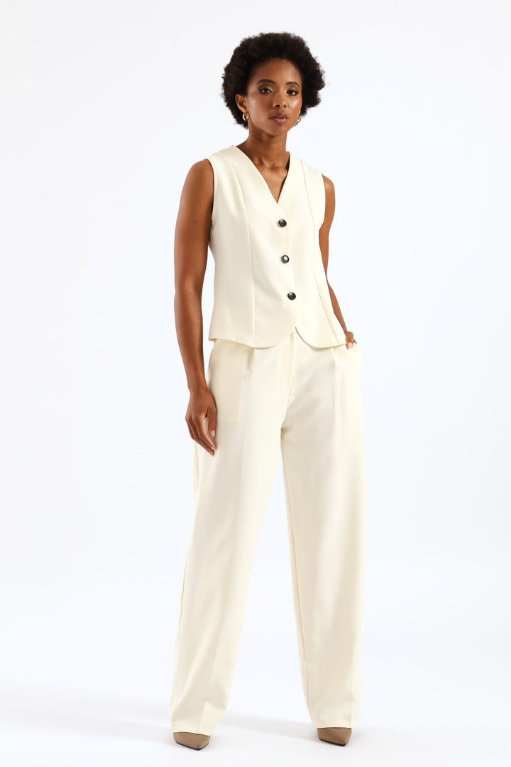 Concealed Button Straight Leg Pant - Cream
