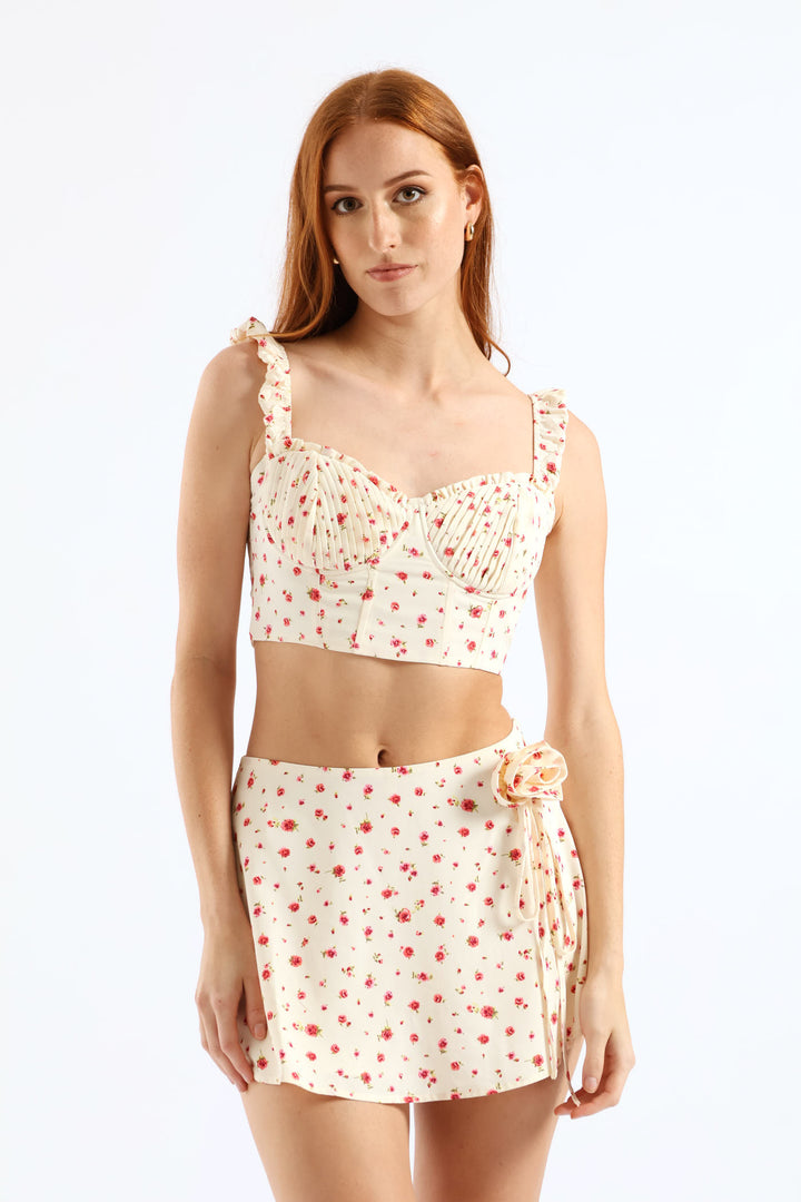 Floral Bust Detail Top & Skort Set - Ivory