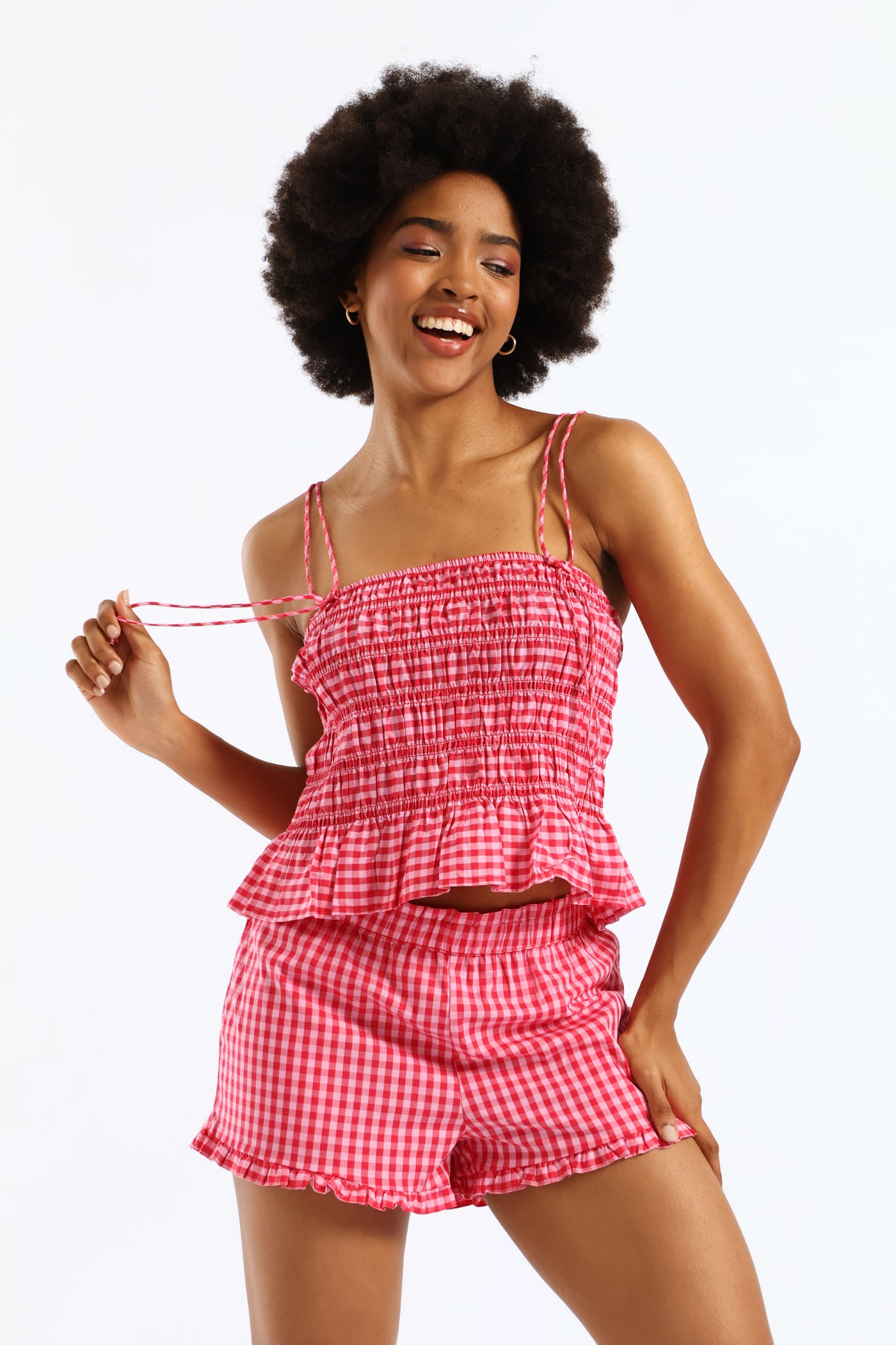 Ladies Strappy Gingham Smock Top - Pink – Edgars
