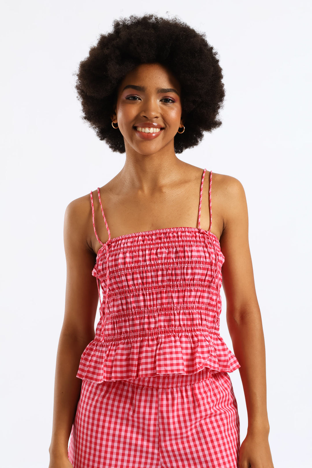 Strappy Gingham Smock Top - Pink