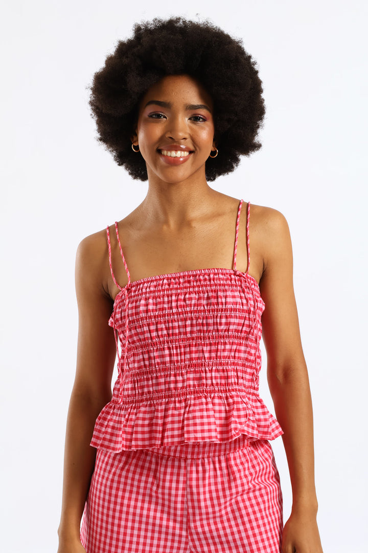 Strappy Gingham Smock Top - Pink