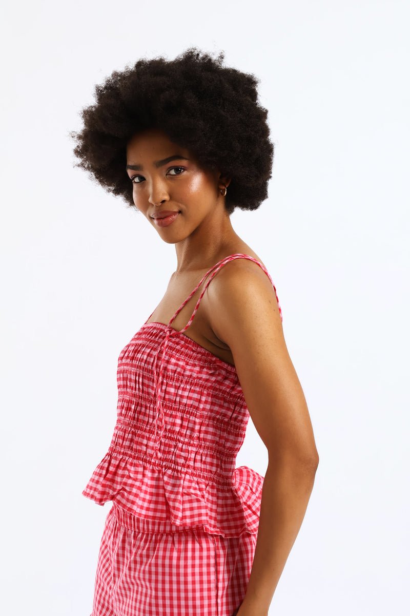 Strappy Gingham Smock Top - Pink