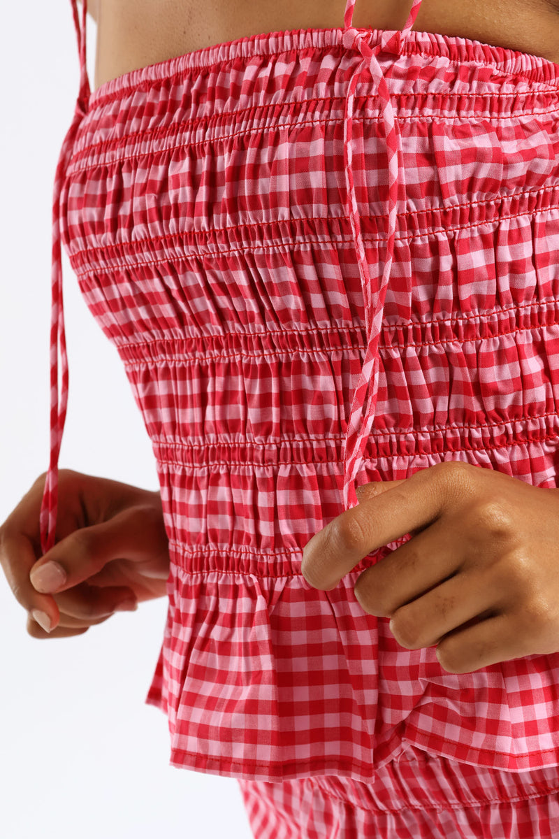 Strappy Gingham Smock Top - Pink