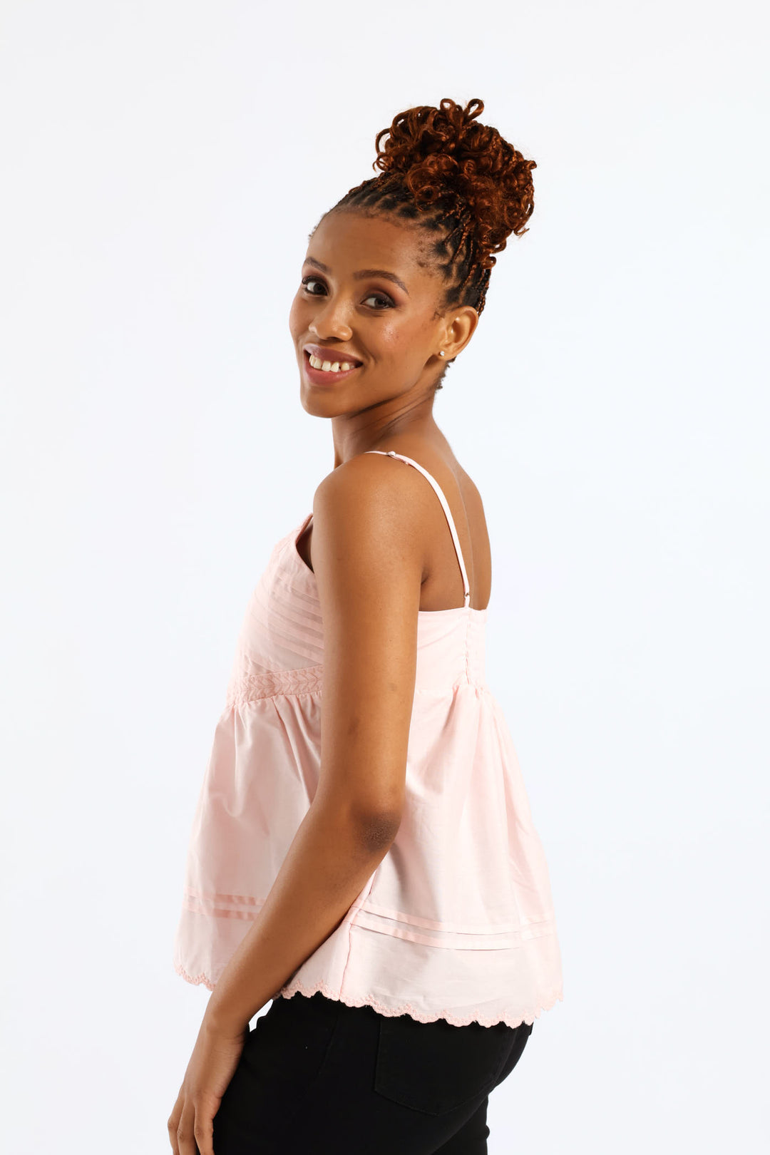 Strappy Embroidered Babydoll Pintuck Cami - Light Blush