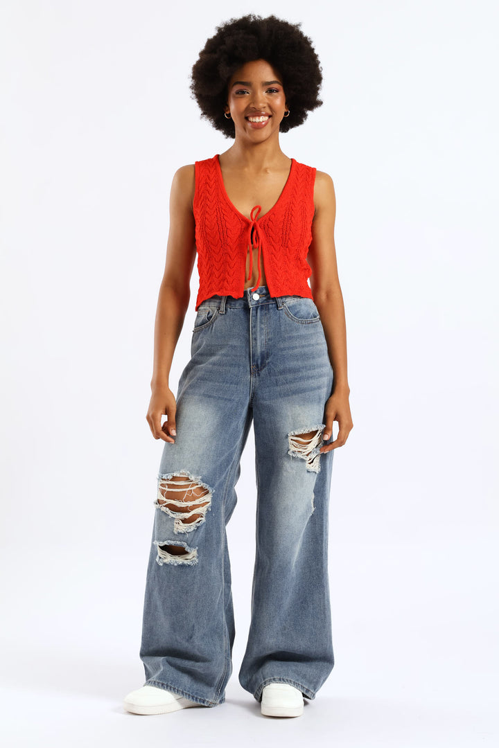 Tie Front Cable Knit Vest - Orange