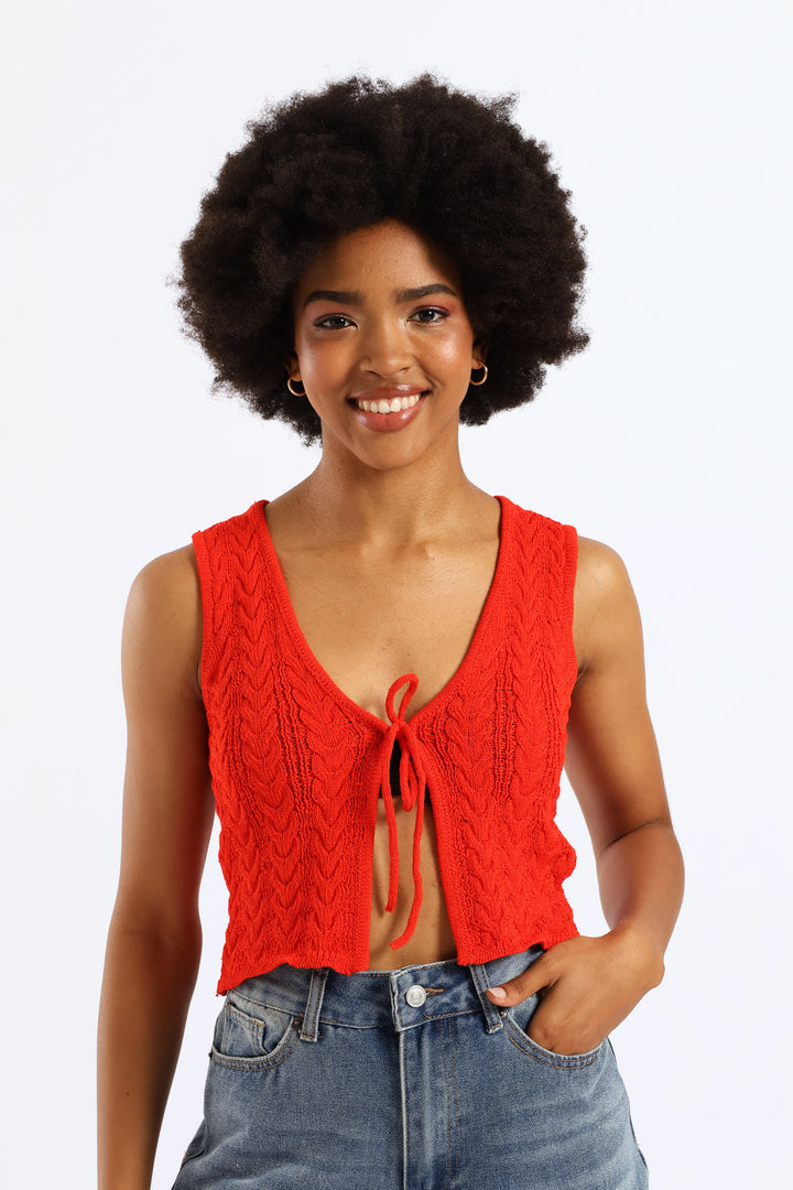 Tie Front Cable Knit Vest - Orange