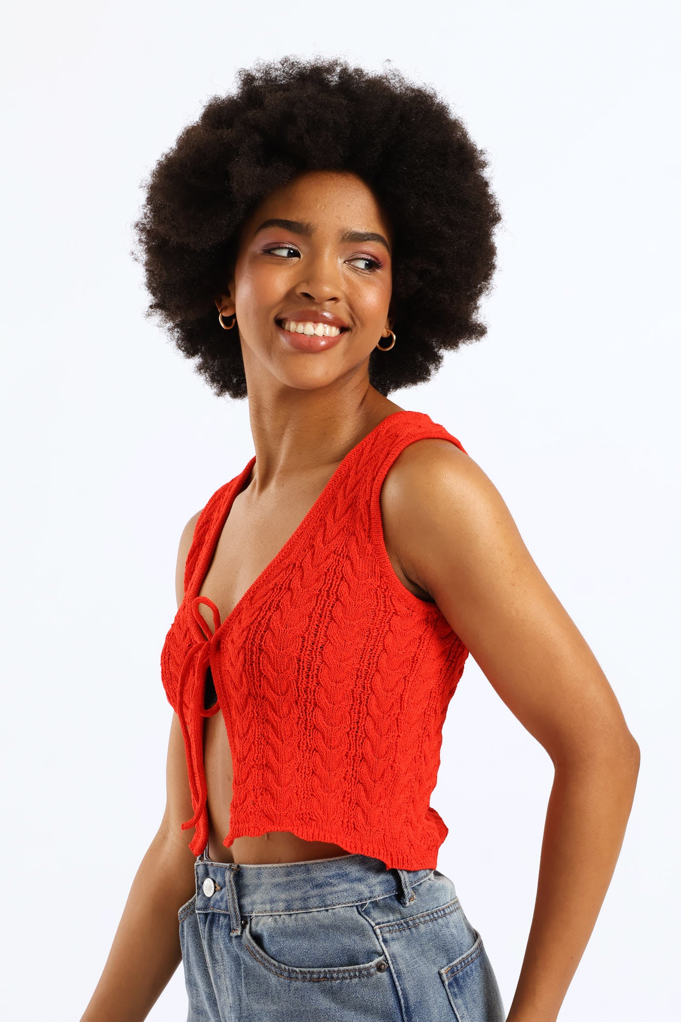 Ladies Tie Front Cable Knit Vest - Orange – Edgars