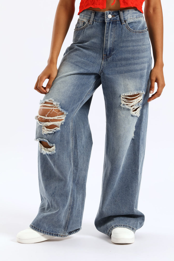 Ripped Baggy Jean - Mid Blue