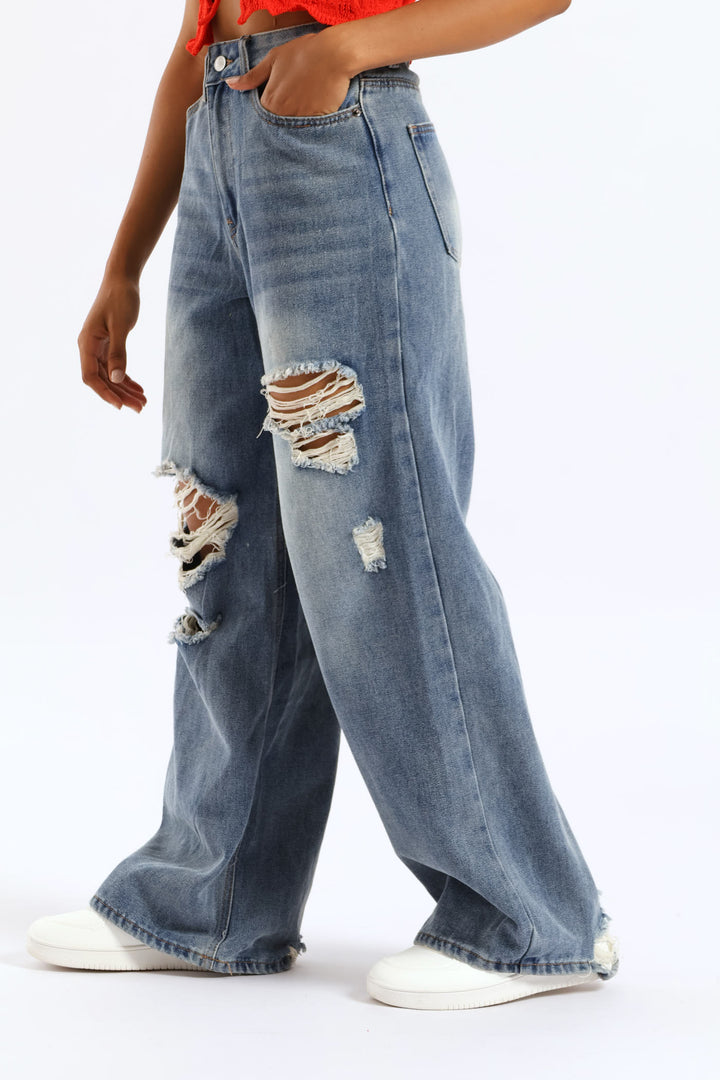 Ripped Baggy Jean - Mid Blue
