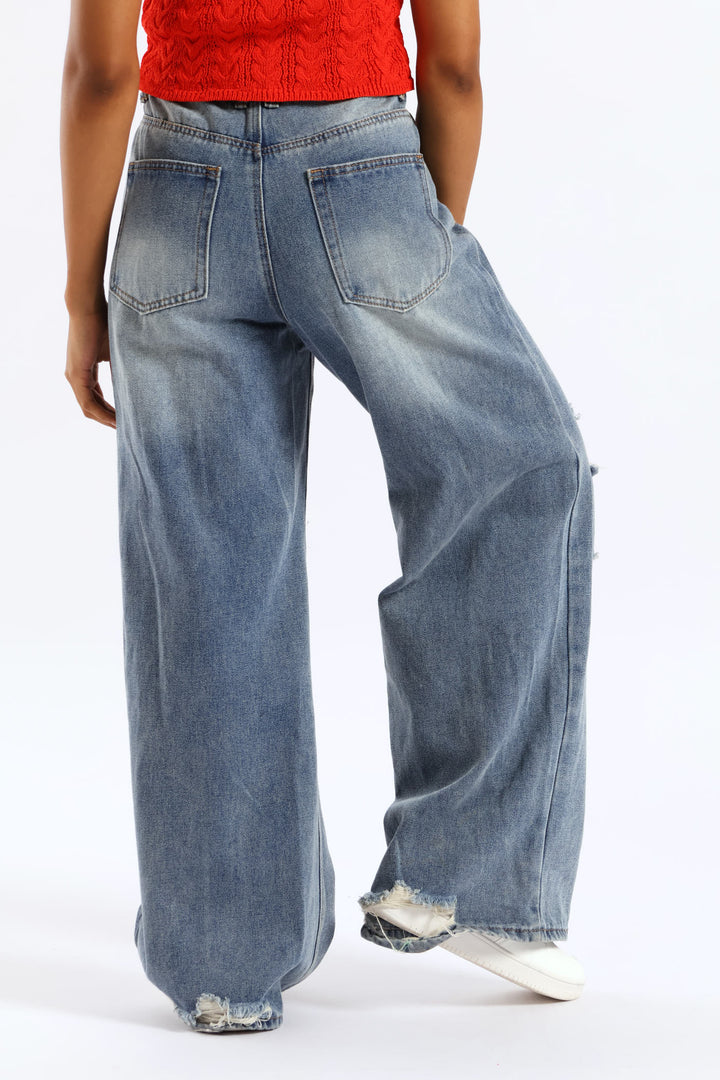 Ripped Baggy Jean - Mid Blue