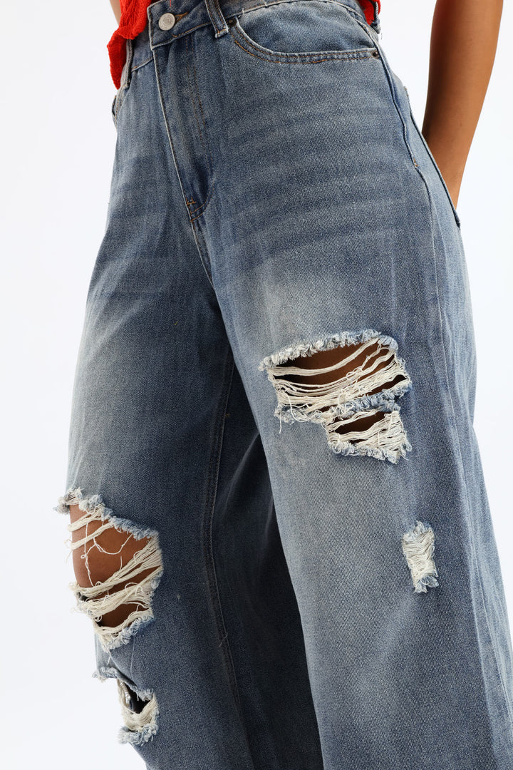 Ripped Baggy Jean - Mid Blue