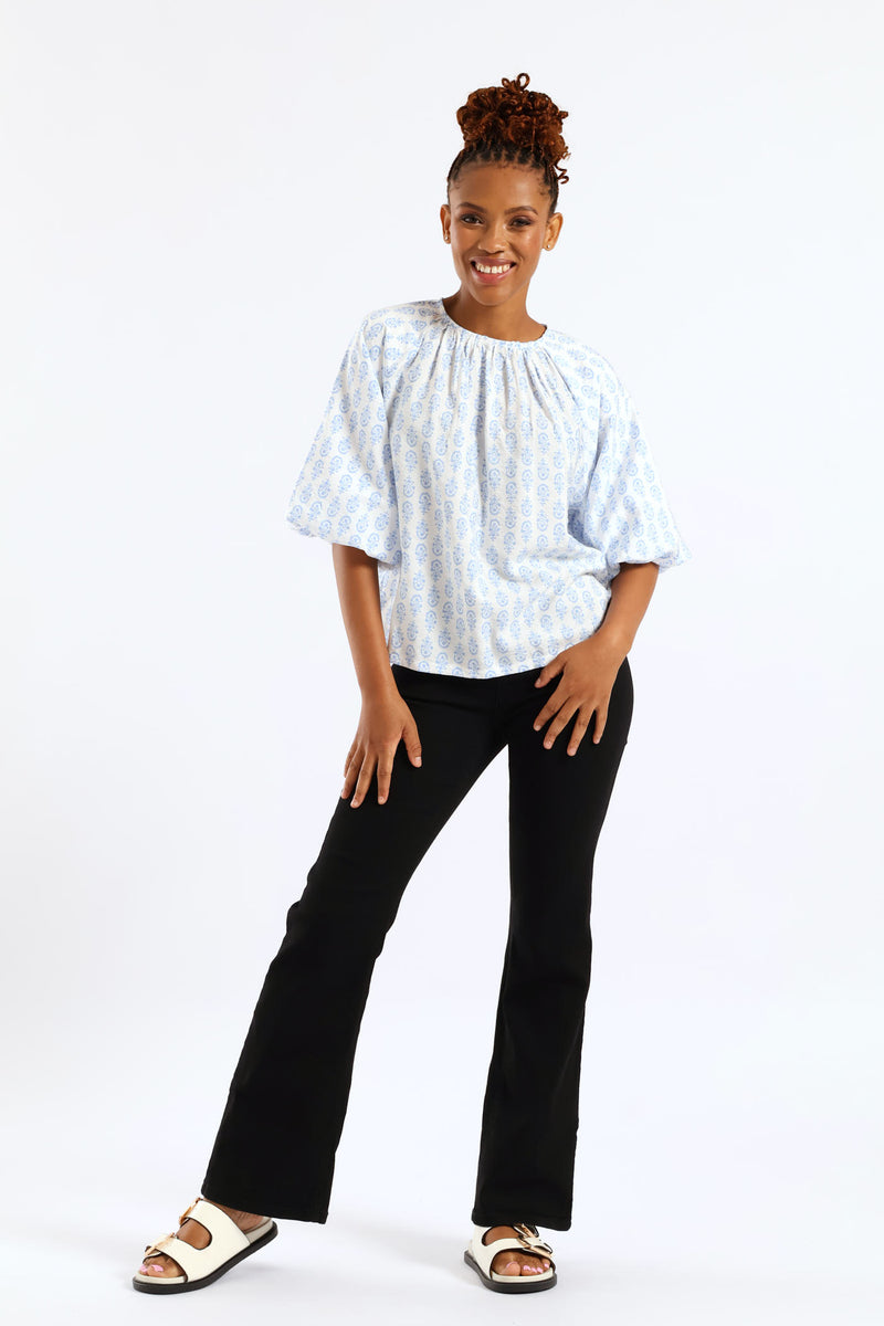 Bubble Raglan Sleeve Printed Blouse - White/Blue