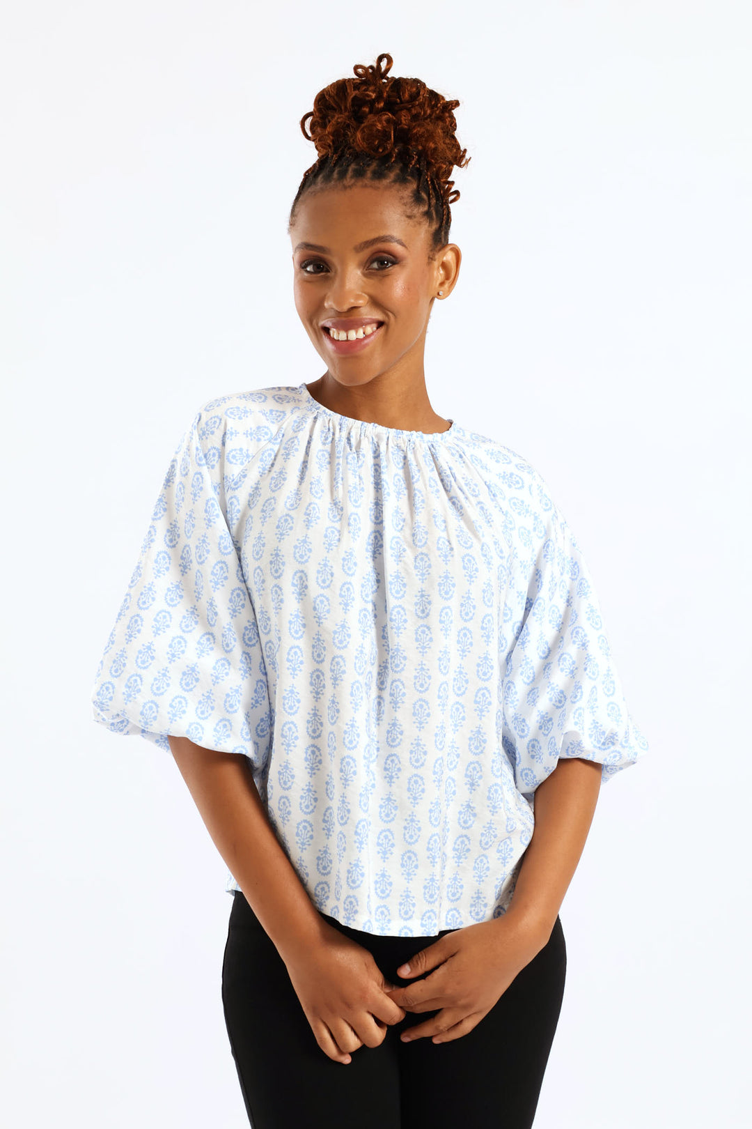 Bubble Raglan Sleeve Printed Blouse - White/Blue