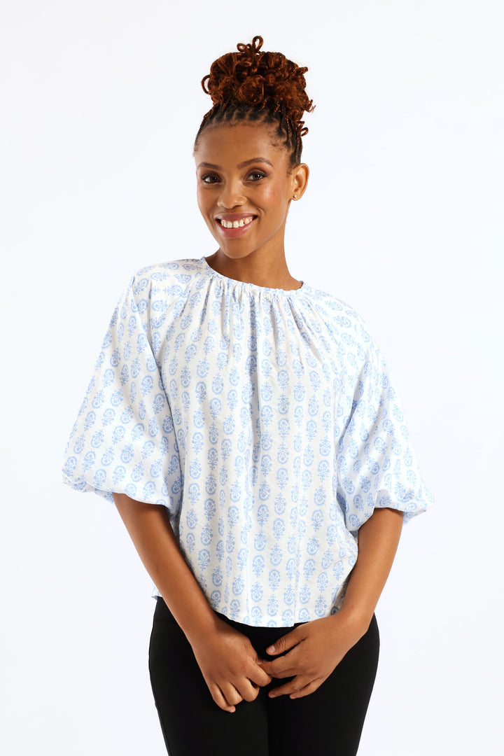 Bubble Raglan Sleeve Printed Blouse - White/Blue