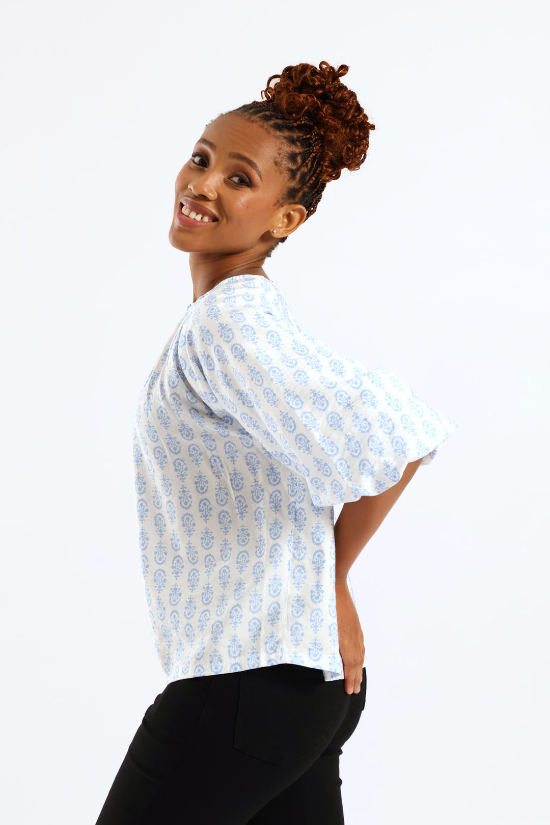 Bubble Raglan Sleeve Printed Blouse - White/Blue