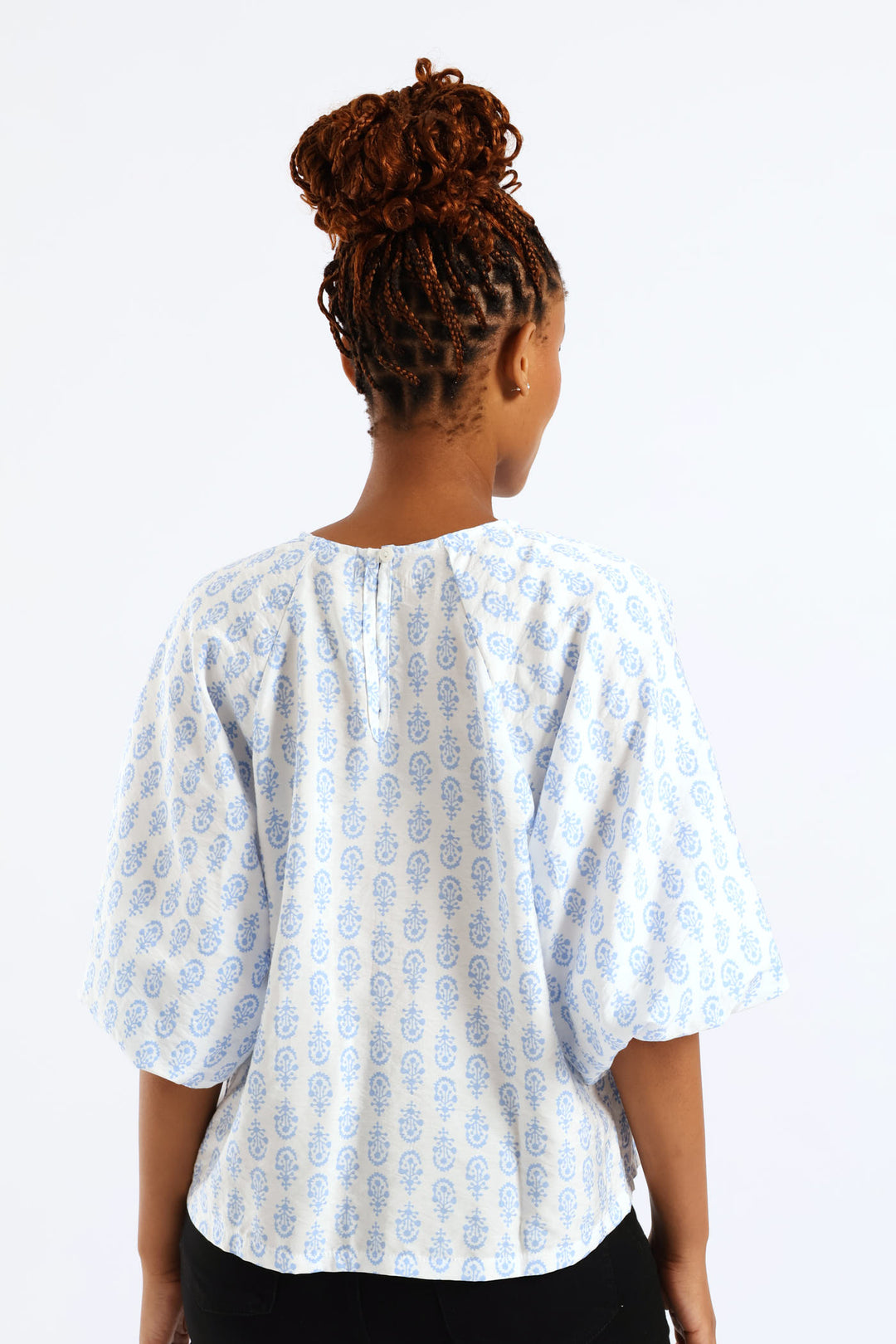 Bubble Raglan Sleeve Printed Blouse - White/Blue