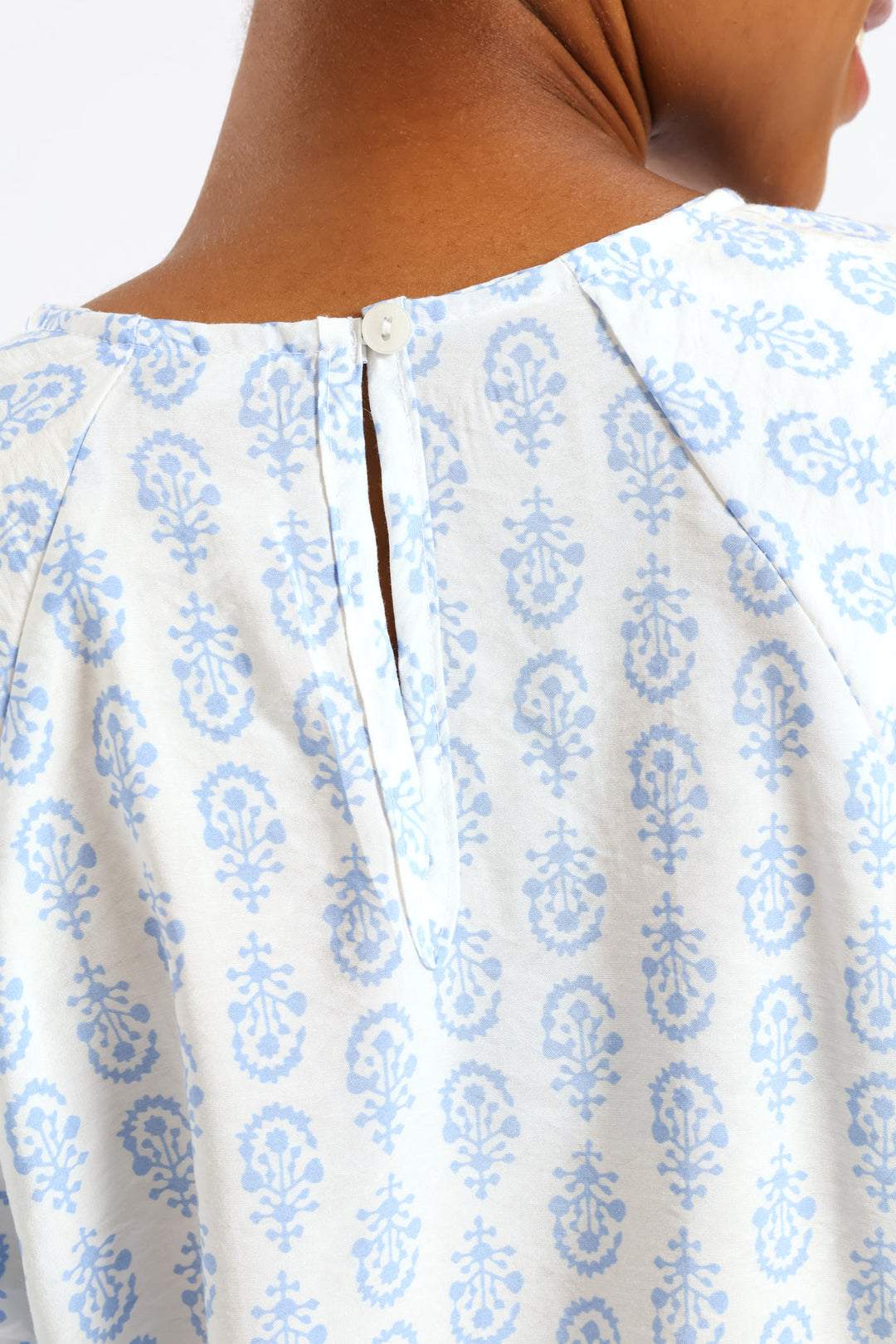 Bubble Raglan Sleeve Printed Blouse - White/Blue