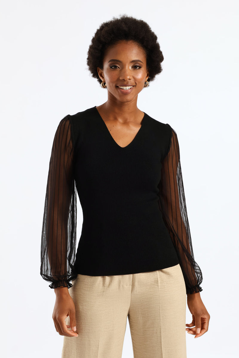 V-Neck Knitwear Combo Pullover - Black