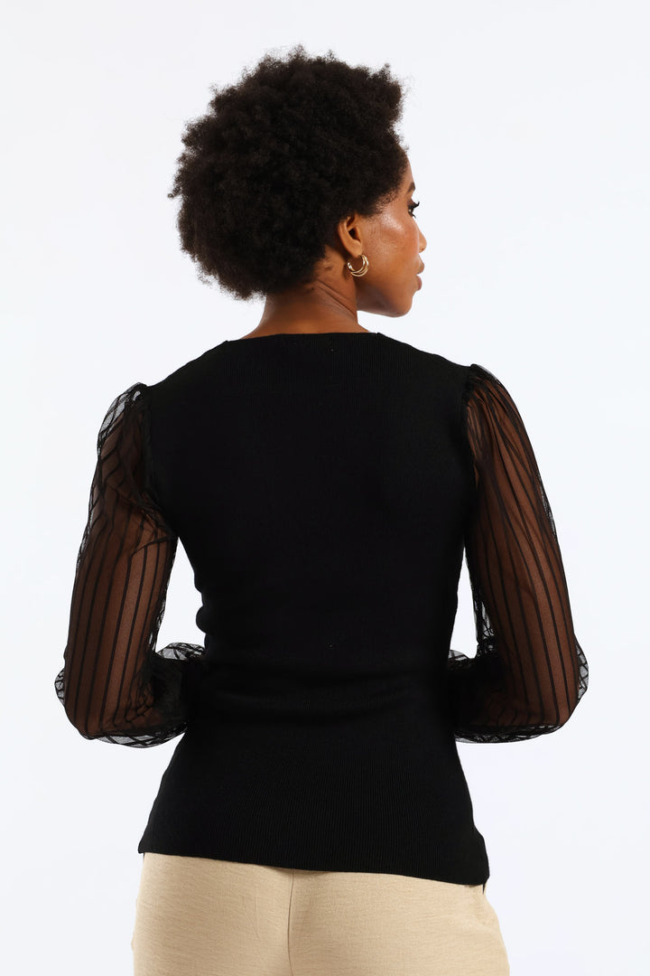 V-Neck Knitwear Combo Pullover - Black