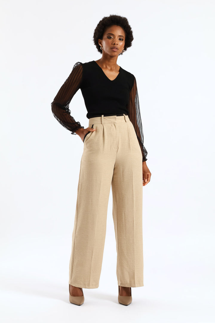 Contrast Tipped Linen Blend Wide Leg Pant - Oatmeal
