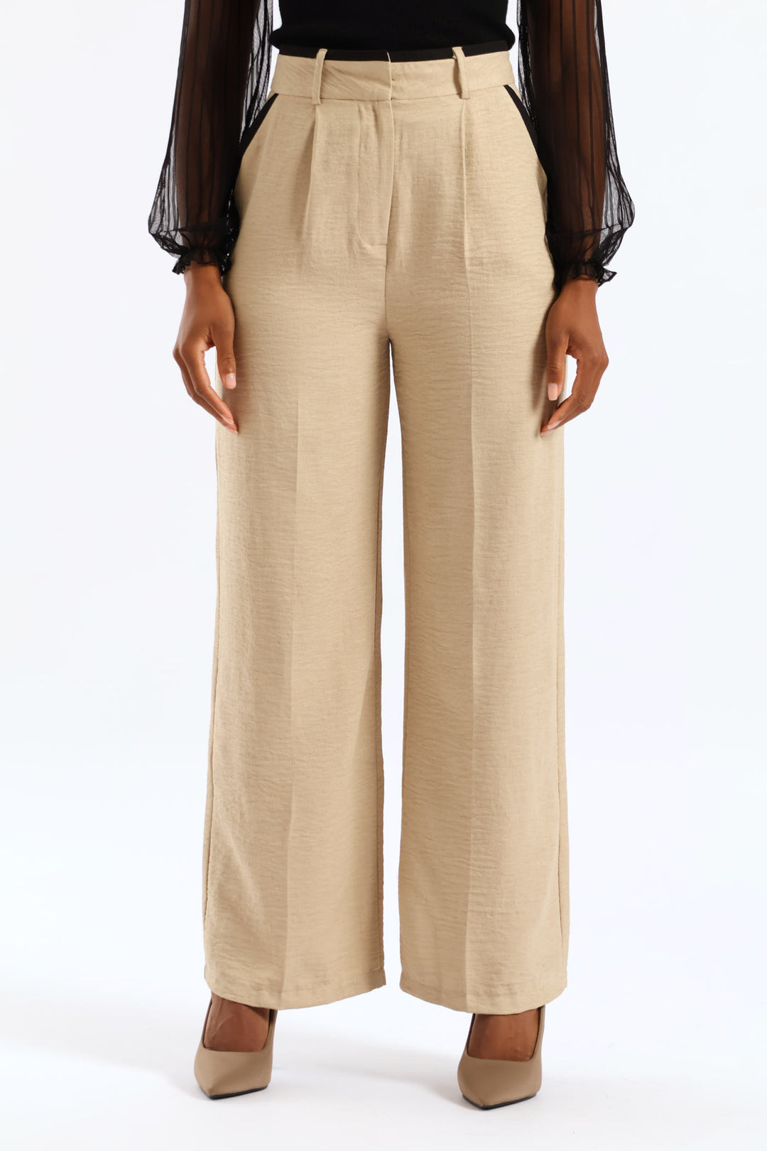 Contrast Tipped Linen Blend Wide Leg Pant - Oatmeal