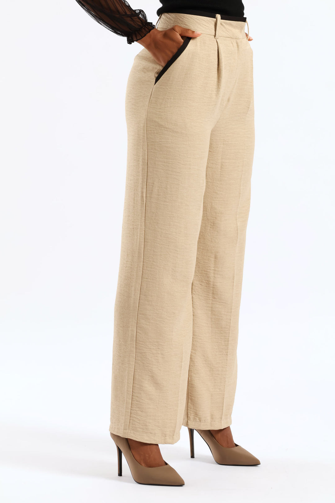 Contrast Tipped Linen Blend Wide Leg Pant - Oatmeal