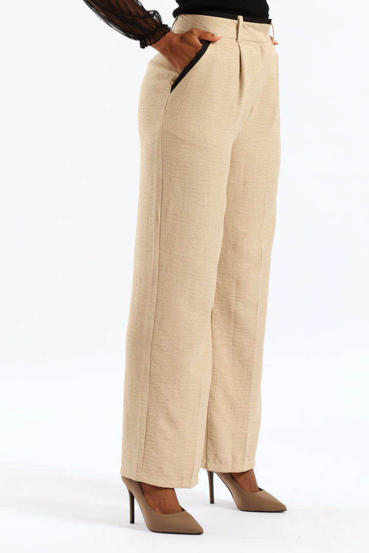 Contrast Tipped Linen Blend Wide Leg Pant - Oatmeal