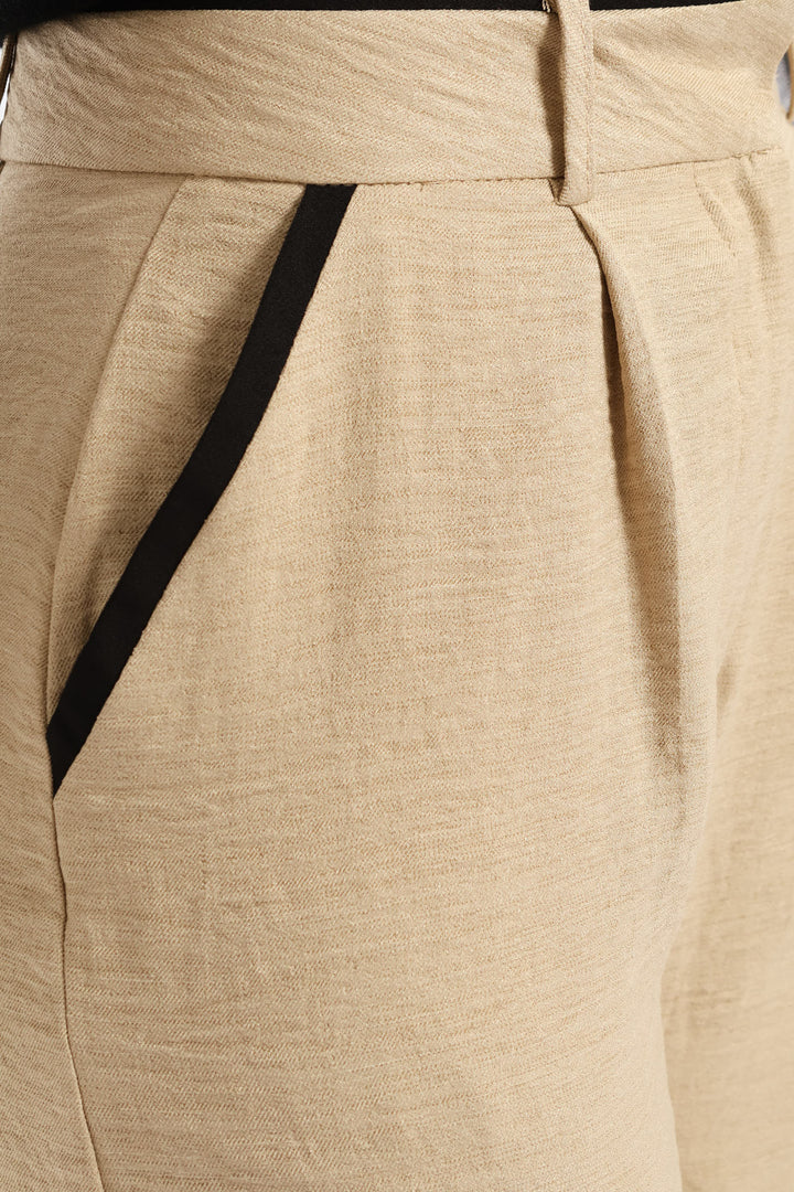 Contrast Tipped Linen Blend Wide Leg Pant - Oatmeal